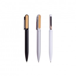 Caneta Com Corpo De Metal E Detalhes Em Bambu Personalizada